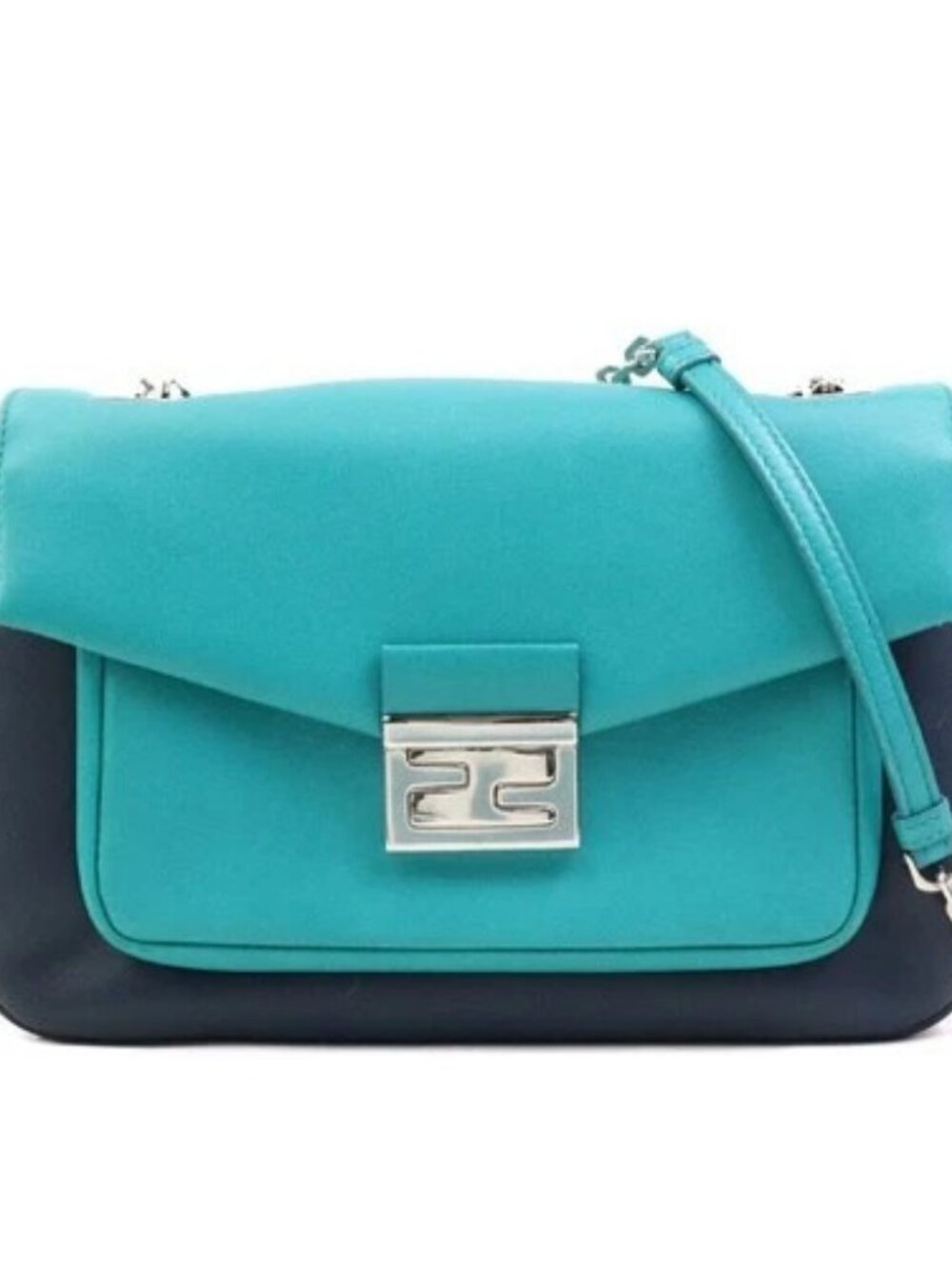 Auth FENDI Chain Shoulder Bag Navy/Green/Silver Leather/Metal - 90223a